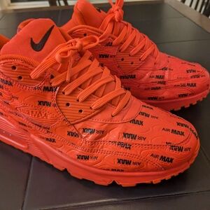 Nike Bright Crimson Air Max Premium 90 All Over Logo Print - No Box #nike #red